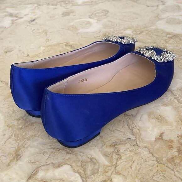 NEW! Royal Blue Satin & Crystal Buckle Embellishment Hangisi Ballet Flats - Picture 5 of 9
